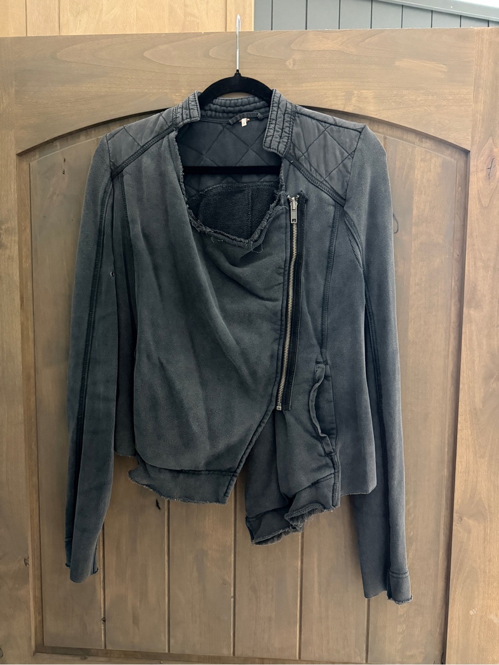 Free People Charcoal Black Draped Asymmetrical Zip Jacket
